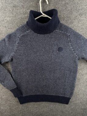 Fred Perry Thick Waffle Knit Turtleneck Sweater Large Logo Blue Wool Pullover